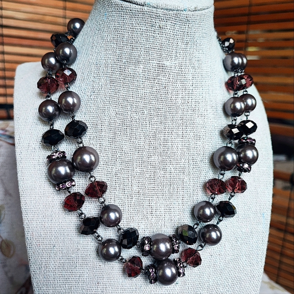 Trifari Crown Logo Glass Faceted Purple Beads Dark Gunmetal Dual Strand Necklace